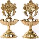 SATVIK 2 Pc Pair of Brass Designer Shankh Chakra Diya Traditional Indian Festive Diwali Puja Pooja Mandir Home Temple Oil Lamp Dia Indian Housewarming Return Gift Items