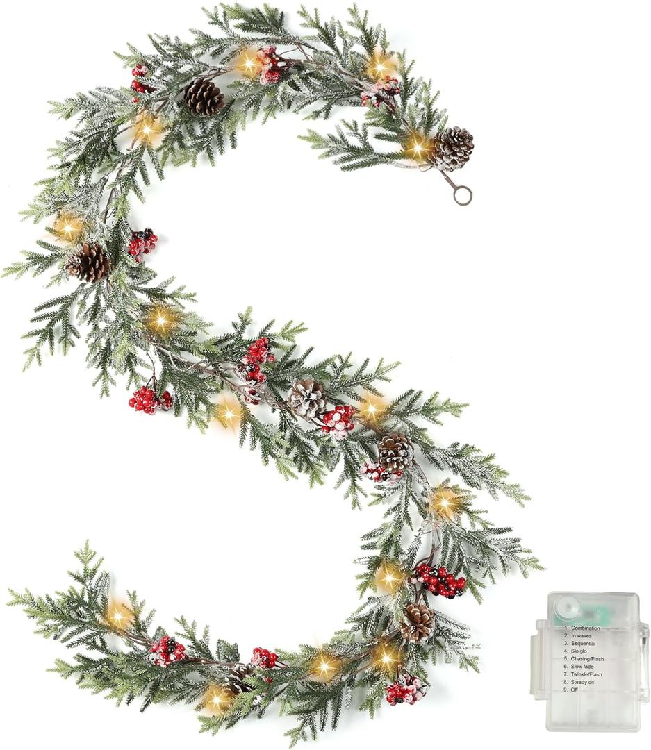 OZFHUA 6 FT Christmas Garland with Lights - Pre-Lit Artificial Christmas Garland, Flocked Garland with Red Berries Pine Cones for Decoration, Mantle Stairs Railing Home Xmas Decoration Indoor (Style 2)