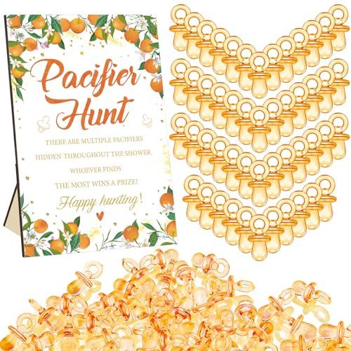 Thyle 51Pcs Little Cutie Pacifier Hunt Baby Shower Games Include Orange Hunt Sign and 50 Acrylic Pacifiers a Little Cutie Is on The Way Theme Baby Shower Game Decoration for Gender Reveal Party Decor