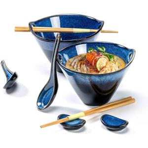 Henten Home 20 OZ Ramen Bowls Set, Ceramic Japanese Noodle Bowls Set of 2, Porcelain Deep Salad Bowl with Chopsticks for Udon, Reactive Glaze, Microwave Safe (Blue A2)