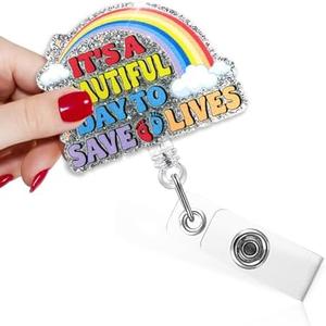 TOUNER It's A Beautiful Day to Save Lives Funny Rainbow Badge Reel with Silver Glitter, Retractable ID Clip Holder for ER RN ICU Nurse Doctor Medical Student, Thank You Gift for Therapist Coworkers, 2 Pack