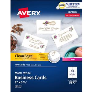 Avery Clean Edge Printable Business Cards with Sure Feed Technology, 2" x 3.5", White, 400 Blank Cards for Laser Printers (5877)