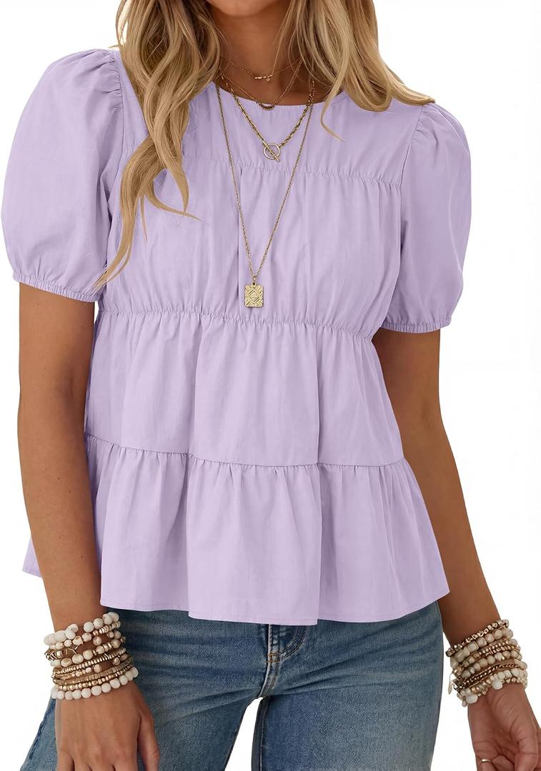 Rapbin Womens Puff Short Sleeve Babydoll Tops Summer Peplum Pleated Cotton T Shirts Casual Loose Fit Flowy Blouses (L)