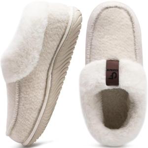 COFACE Women's Memory Foam House Slippers Arch Support Moccasin Winter Shoes Ladies Warm Fuzzy Faux Fur Collar With Indoor Outdoor Rubber Sole (7, Beige)