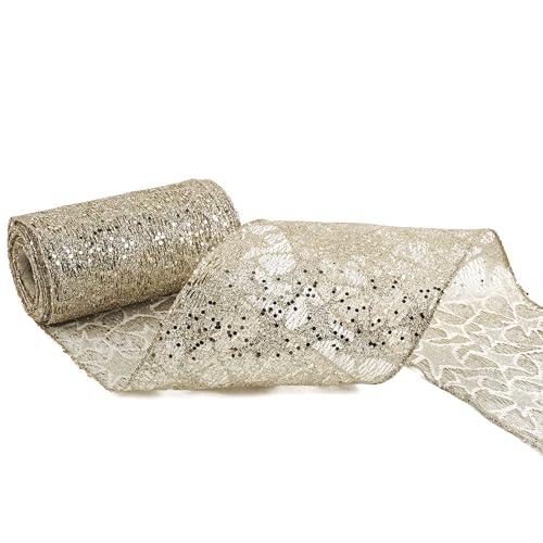 MEEDEE 6 Inch Wide Wired Ribbon Champagne Gold Glitter Mesh Web Wired Edge Ribbon by 10 Yards Roll Champagne Mesh Wired Ribbons for Christmas Tree, Garland, Wreaths, Bows, Centerpiece, Gift Wrapping