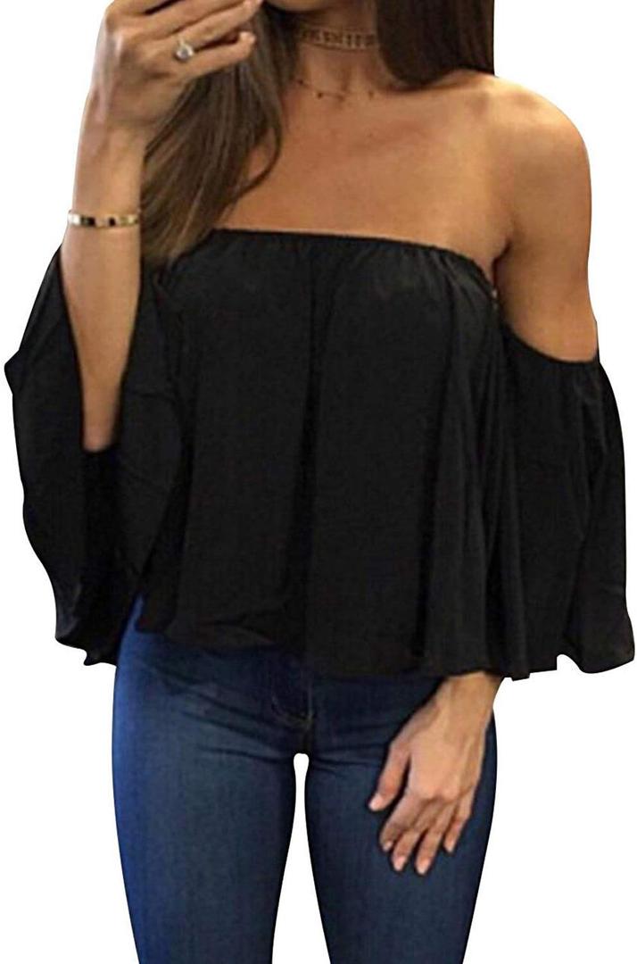 Bluetime Women Summer Off Shoulder Chiffon Blouse Ruffles Short Sleeves Tops Casual T Shirt (Small, Black)