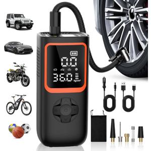 Tire Inflator Portable Air Compressor - 150PSI Cordless Air Pump for Car Tires with Pressure Gauge & LED Light, 3X Faster Inflation Electric Air Compressor for Car Bikes, Motorcycle, Ball (Orange)