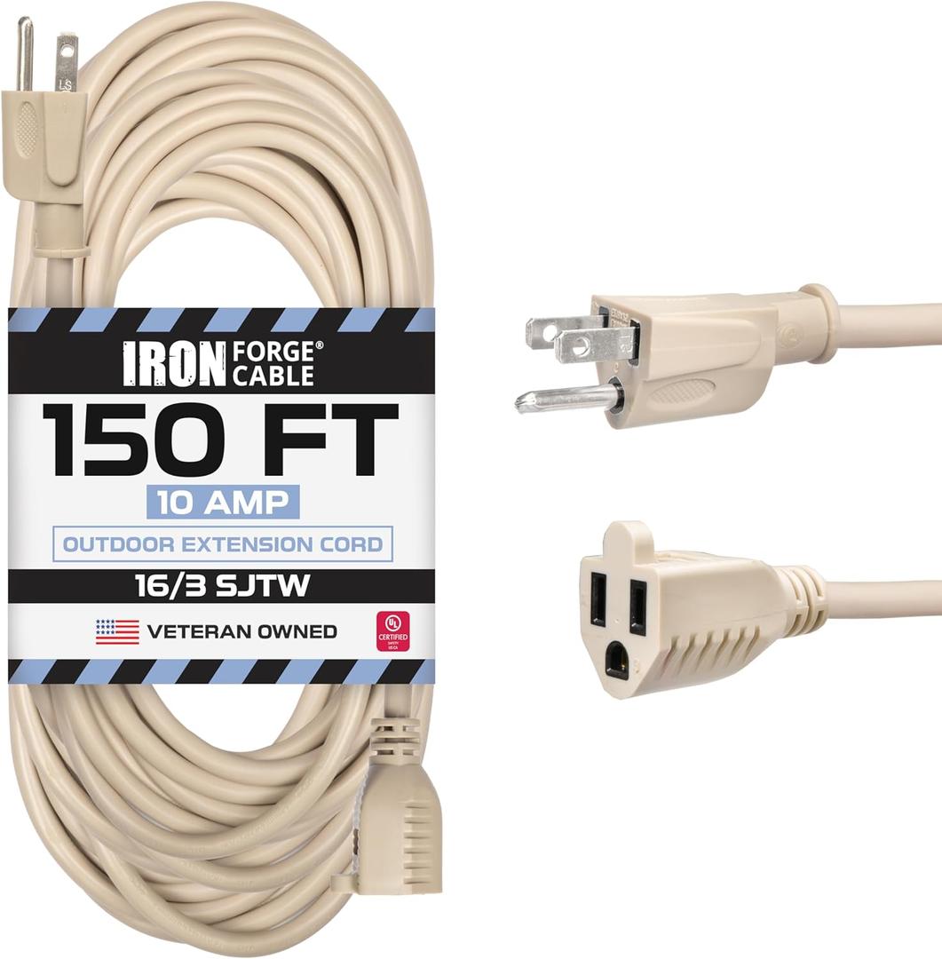 Iron Forge Cable Weatherproof 150 Ft Outdoor Extension Cord - 16/3 SJTW Heavy Duty Light Brown Extension Cord 3 Prong - 10 Amp Exterior Power Cable (Beige)