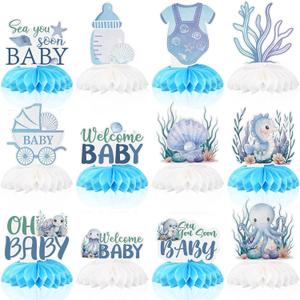 Eaasty 12 Pcs Sea You Soon Honeycomb Centerpieces for Baby Shower Ocean Sea Animal Honeycomb Party Table Decorations for Ocean Theme Birthday Baby Shower Gender Reveal Party Supplies (Blue)
