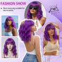 Pastel Dark Purple Wavy Bob Wig for Women, Short Shoulder Length Synthetic Wig with Bangs, Matte Natural Realistic Look Lightweight Hairpiece, Purple Color for Daily Wear & Cosplay Costume