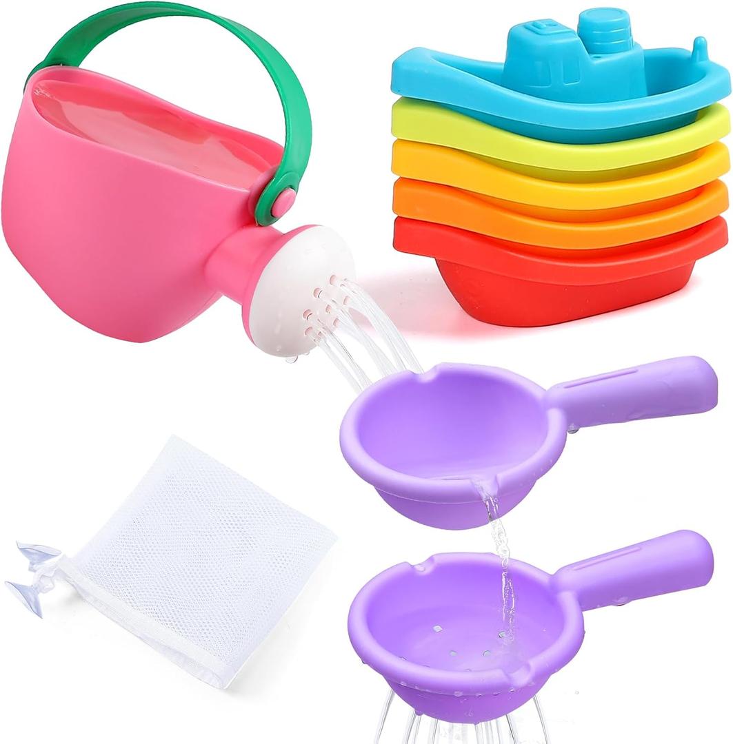 Baby Bath Toys for Kids Ages 1-3 8PCS Toddler Bath Toys Mold Free and 1PCS Toy Storage Net Bag Bathtub Shower Floating Water Toys for 6 Months Up Boy Girl Gifts (Color Random)