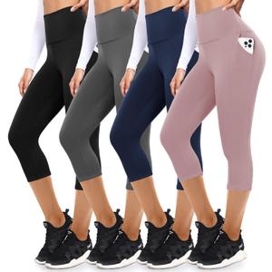 FULLSOFT 4 Pack Leggings with Pockets for Women,Soft High Waisted Tummy Control Workout Yoga Pants (Small-Medium, 03-capri-black+dark Grey+navy Blue+rosy)