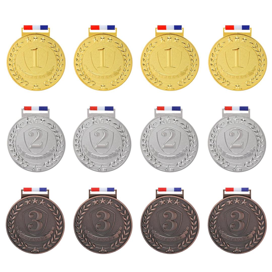 Abaokai 1st, 2nd, 3rd Award Medals - -Winner Medals, Large Metal Award Medals with Smooth Ribbon - Perfect for School Competitions, Party, Students, Olympic Style 3 Inches (Gold Silver Bronze-12 Pcs)