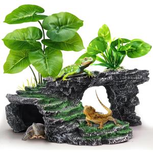GOZILLA Turtle Basking Platform Kit, Reptile Habitat Hideout, Decorative Resin for Aquarium & Terrarium, Including Artificial Plant*2.(Black-M-Kit)