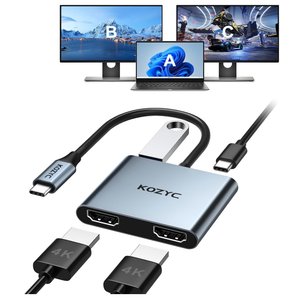USB C to Dual HDMI Adapter 4K@30Hz, KOZYC USB C Hub Multiport Adapter with 2xHDMI, USB 3.0, 100W PD, Support USB C to HDMI Splitter Extended Display for MacBook Pro (MST is not Supported on MacOS)