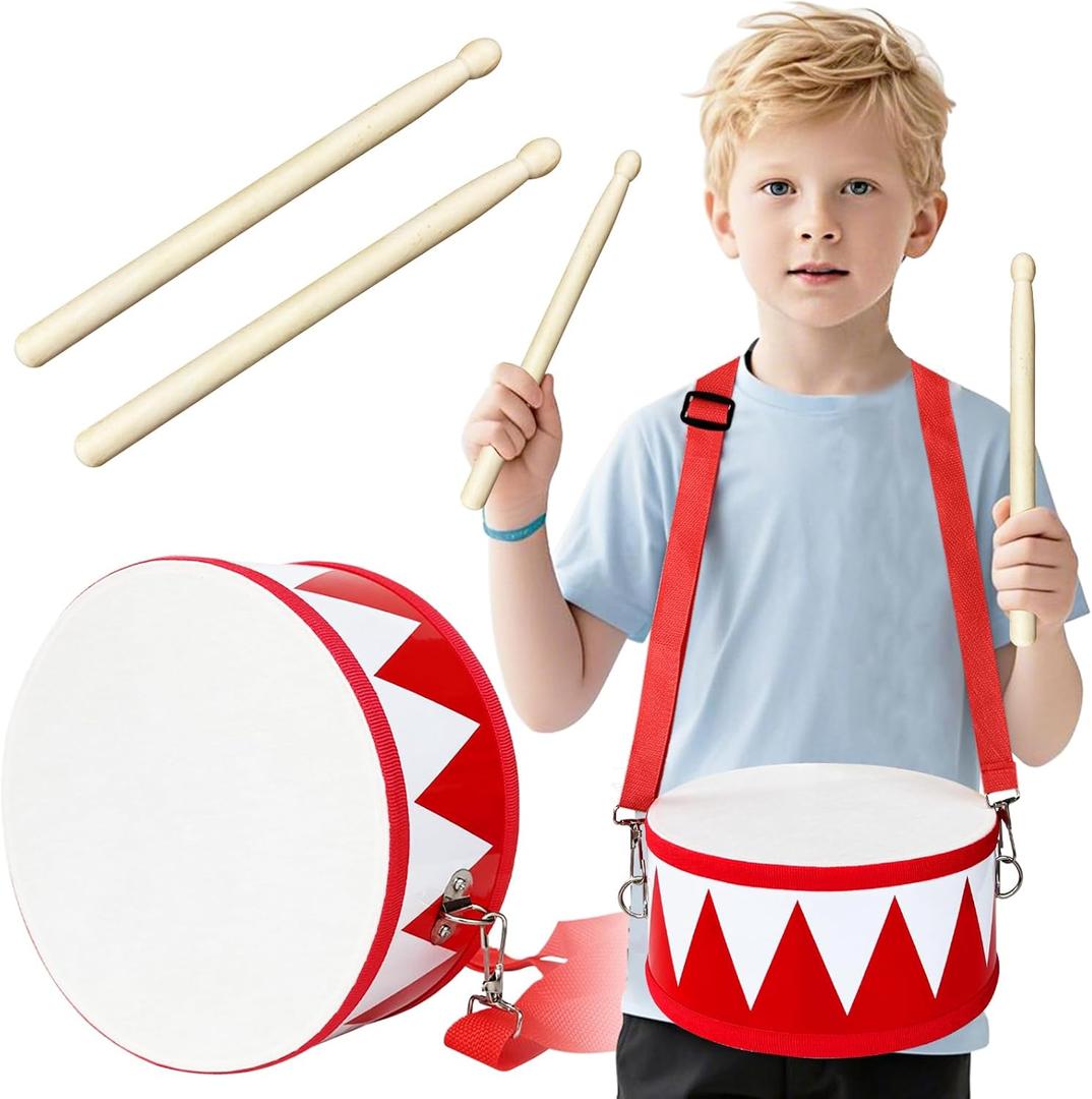 Kids Drum Set,8 in Wooden Toy Drum Set,Educational Baby Musical Toys Drum with Adjustable Strap 2 Drumsticks,Sensory Musical Instrument Drum Toy for Toddler Boys & Girls Gift(Red) (Red Triangle Style)