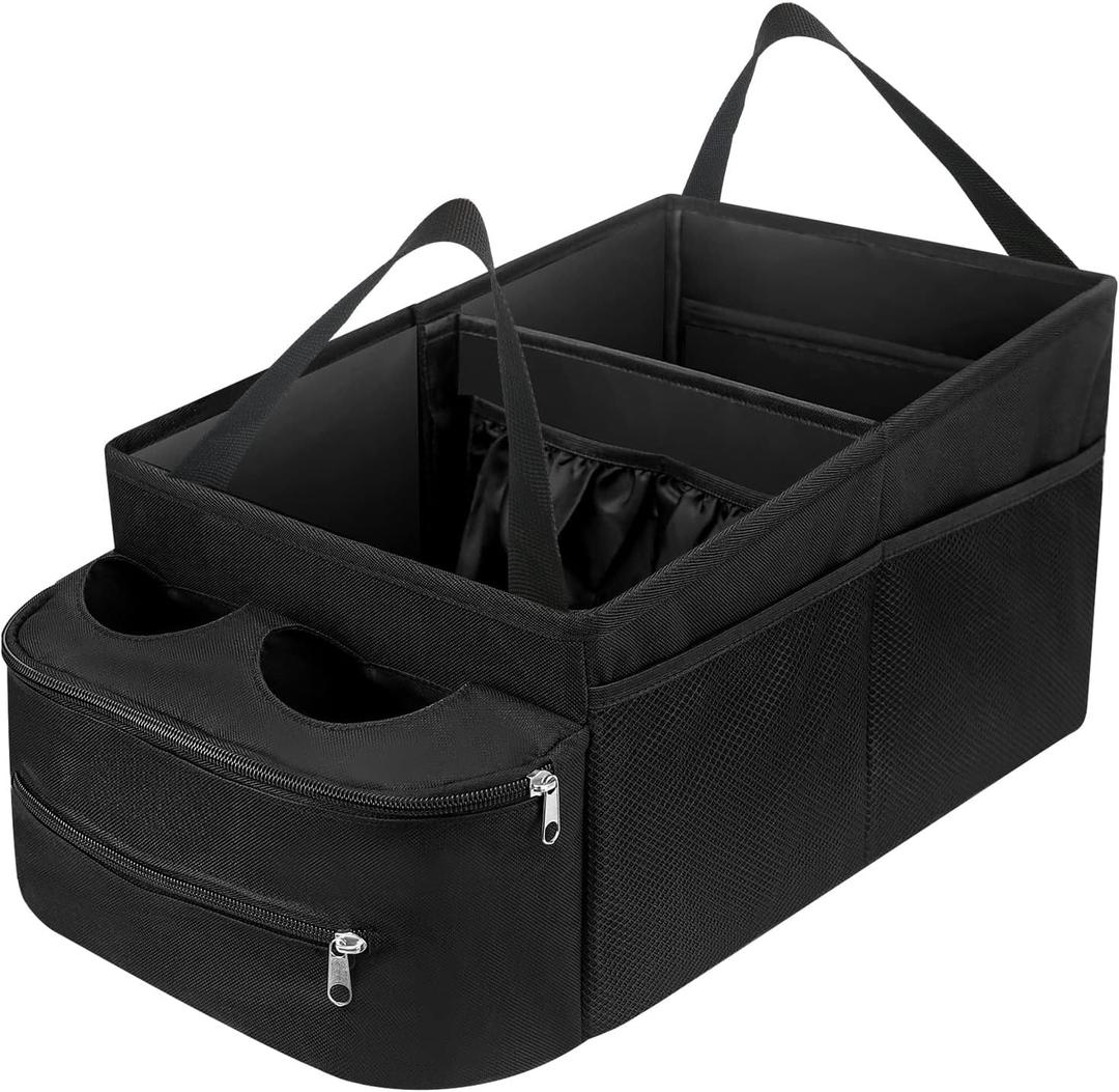 FUNNy elf Passenger Seat Organizer, Collapsible Car Storage with Partitions & 4 Cup Holders for Front or Back Seat