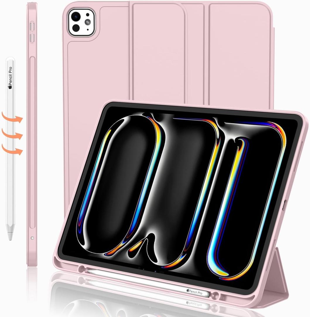 for iPad Pro 11 Inch Case M4 2024 (5th Generation) with Pencil Holder, [Support Pencil Pro and Pencil (USB-C)], Trifold Stand Smart Case with Soft TPU Back, Auto Wake/Sleep (Pink)
