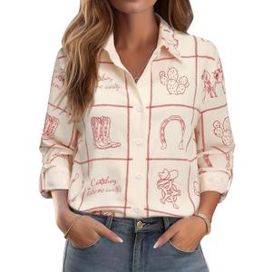 MYMORE Women's Western Cowgirl Graphic Button Down Shirt Long Rolled 3/4 Sleeve Floral Print Cowboy Shirts (Beige, M)