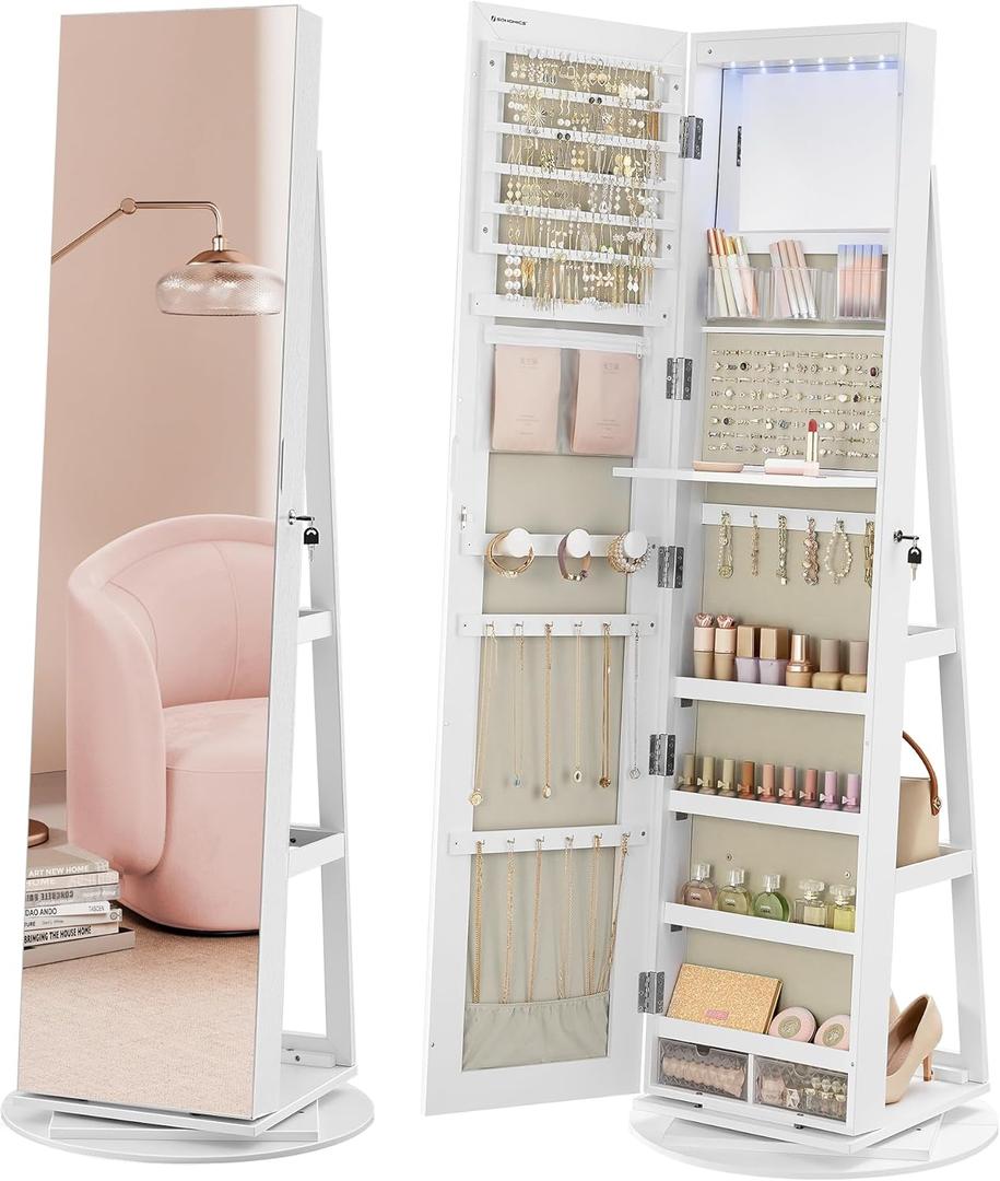 SONGMICS 6 LEDs Lockable Mirror Jewelry Cabinet, 360 Swivel Jewelry Organizer Armoire Standing, Frameless Full-Length Mirror, 3 Storage Shelves, White Surface, Greige Lining UJJC007W02V1