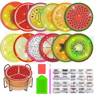 Billbotk 12 Pieces Diamond Art Painting Coasters Kit with Holder, Diamond Art Coasters, DIY Diamond Crafts Projects, Diamond Dot Kits for Adults and Beginners(Fruit Style)