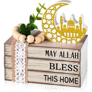 Eid Mubarak Decorations for Home Ramadan Decorations Wood Ramadan Mubarak Table Sign Golden Moon Eid Tiered Tray Sign for Islamic Muslim Table Indoor Shelf Office Gifts