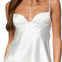 Women's Low Cut Satin Tank Top Spaghetti Strap Silk Camisole Tops Sweetheart Neckline Silky Babydoll Tops S