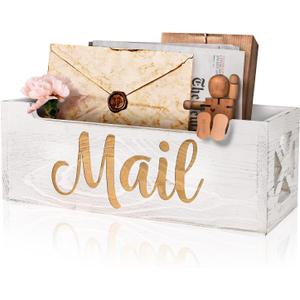 Mail Holder Countertop - Mail Organizer Countertop, Mail Holder Box for Desk, Letter Holder, Mail Tray, Mail Basket for Counter, Rustic Wooden Mail Storage Organizer Wall Mounted (White)