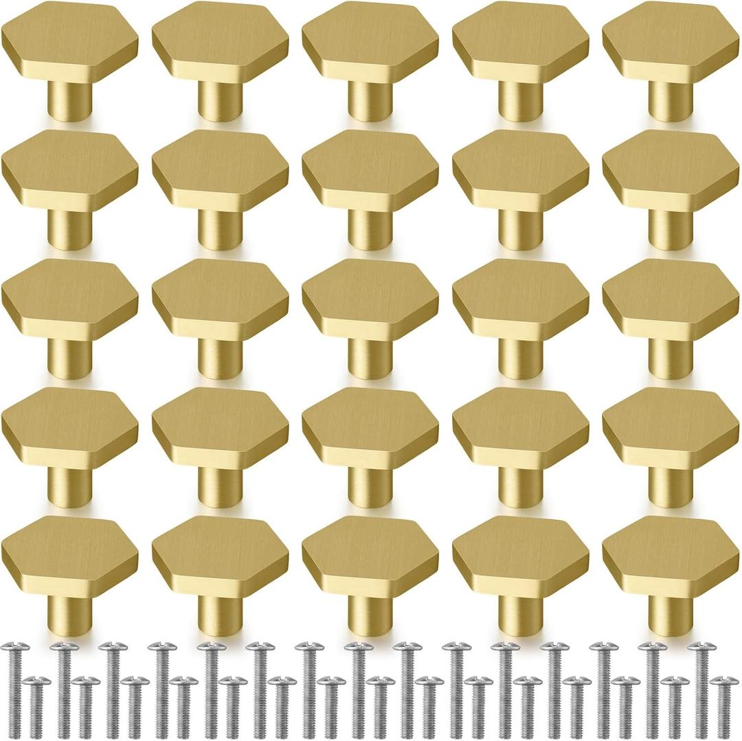 Ferraycle 25 Pack 1'' Solid Brass Cabinet Knobs with Screws, Gold Hexagon Knobs for Dresser Shoe Cabinets Dresser Metal Handles Kitchen Hardware Pulls Modern Bathroom Hardware Brushed Pulls