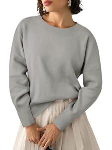 Yousify Womens Crewneck Knit Sweaters Casual Long Sleeve Loose Fit Fall Basic Soft Pullover Jumper Tops
(Medium, Grey)