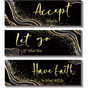 ONIZHITY 3 Pcs Black and Gold Bathroom Wall Decor Accept Let Go Have Faith Bathroom Accessories Marble Style for Women Bedroom Living Room Office(Black Gold 12x4