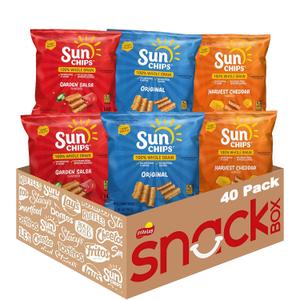 SunChips 100% Whole Grain Chips, Variety Pack, 1 oz Bags, Pack of 40, No Artificial Flavors, Colors, Best Before Date 08/26/2025