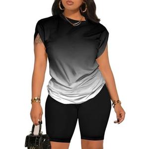PINSV Women 2 Piece Outfits Summer Sweatsuits Biker Short Workout Jogger Sets 2 XL, Color: Black Gradient