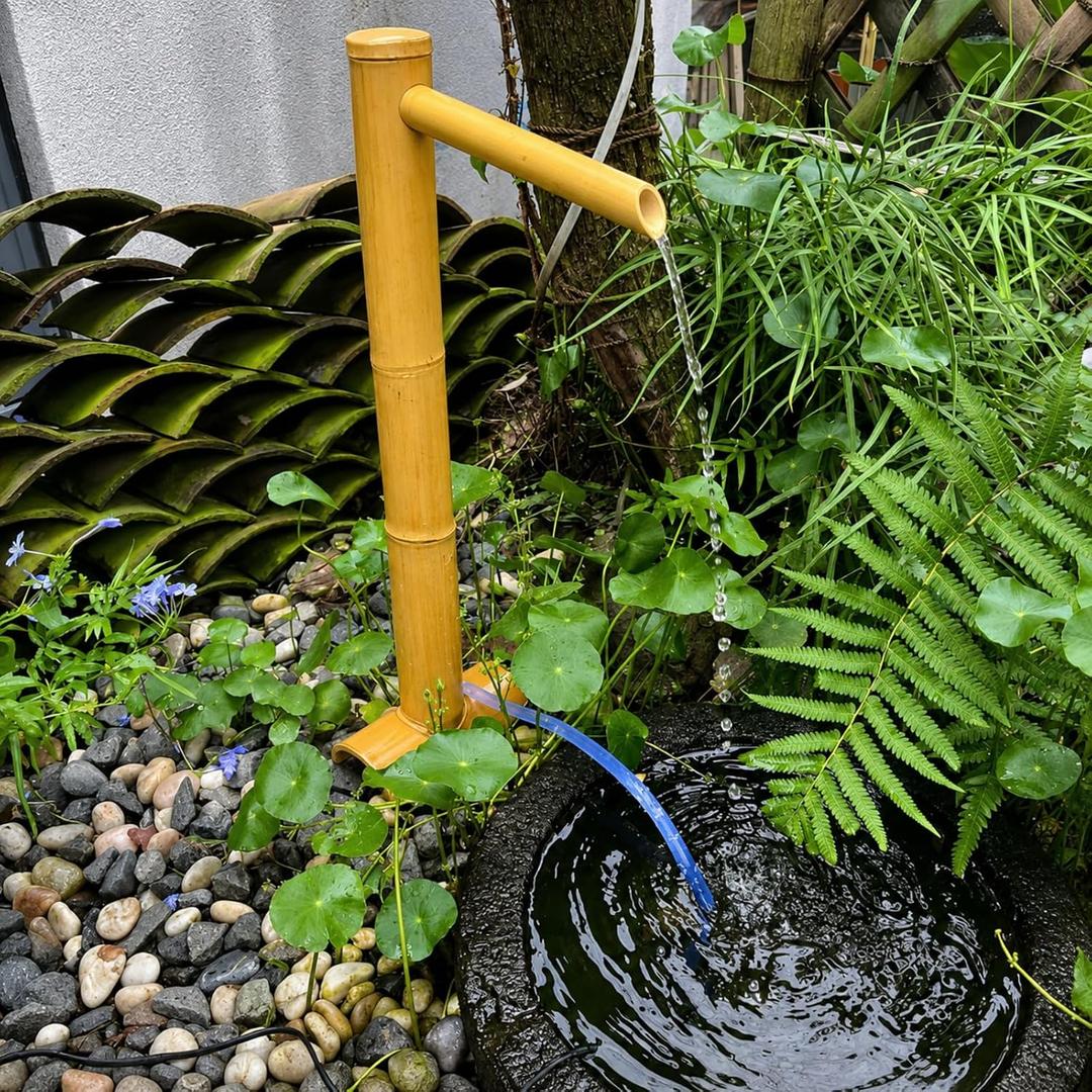 36'' Natural Bamboo Fountain with Pump, Adjustable Split-Resistant Spout and Tubing Japanese Water Feature for Zen Outdoor Patios Landscaping Garden Decor (Traditional)