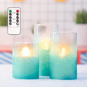 Crystal Club Flickering Flameless Candles with Timer, Real Wax Glass Effect Sandblast Candles, Battery Operated Ocean Theme LED Candles with Remote for Bathroom, Bedroom, Table Decoration