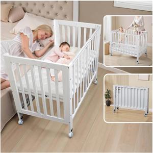 Folding Wood Bedside Bassinet - Portable 4-in-1 Baby Bassinet with Breathable Mattress,3 Heights Baby Crib with Wheels,Mini Crib for Infant Newborn and Small Space,White