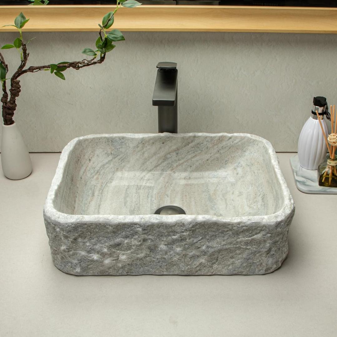 100% Handcrafted Stone Rectangular Tan Stripe Sink, Features Hand Carved Exterior Craftsmanship - Rustic Farmhouse Style, Marble Sink for Bathroom Vanity or Countertop