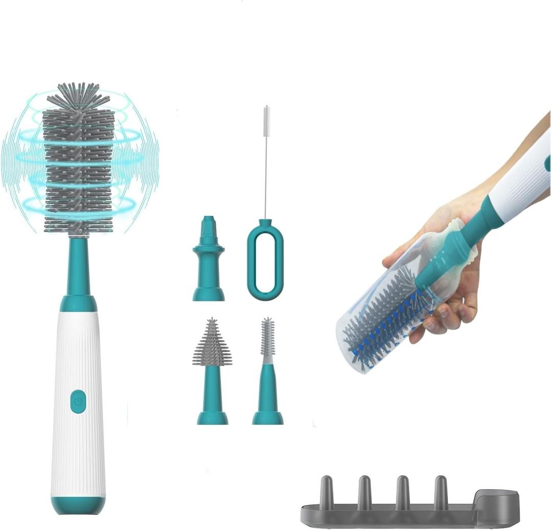 Electric Baby Bottle Brush Cleaner with Extended Handle & Drying Holder, Baby Bottle Brush Set with Silicone Bottle/ Nipple/ Crevice/ Brush, Straw Cleaner, Lifesaver Automatic Bottle Cleaner，Green