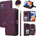 Argyle Wallet Case for Samsung Galaxy S24/S25 5G with Wrist Strap Shoulder Strap, Card Slot Zipper Purse Luxury PU Leather Stand Cell Phone Cover for S 24 24S 25 25S G5 Women Girls Deep Purple (Wine Red)