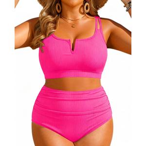 Yonique Women Plus Size High Waisted Bikini - Ribbed Two Piece Swimsuit Tummy Control Bathing Suit V-Wired 2026 Swimwear (XL)