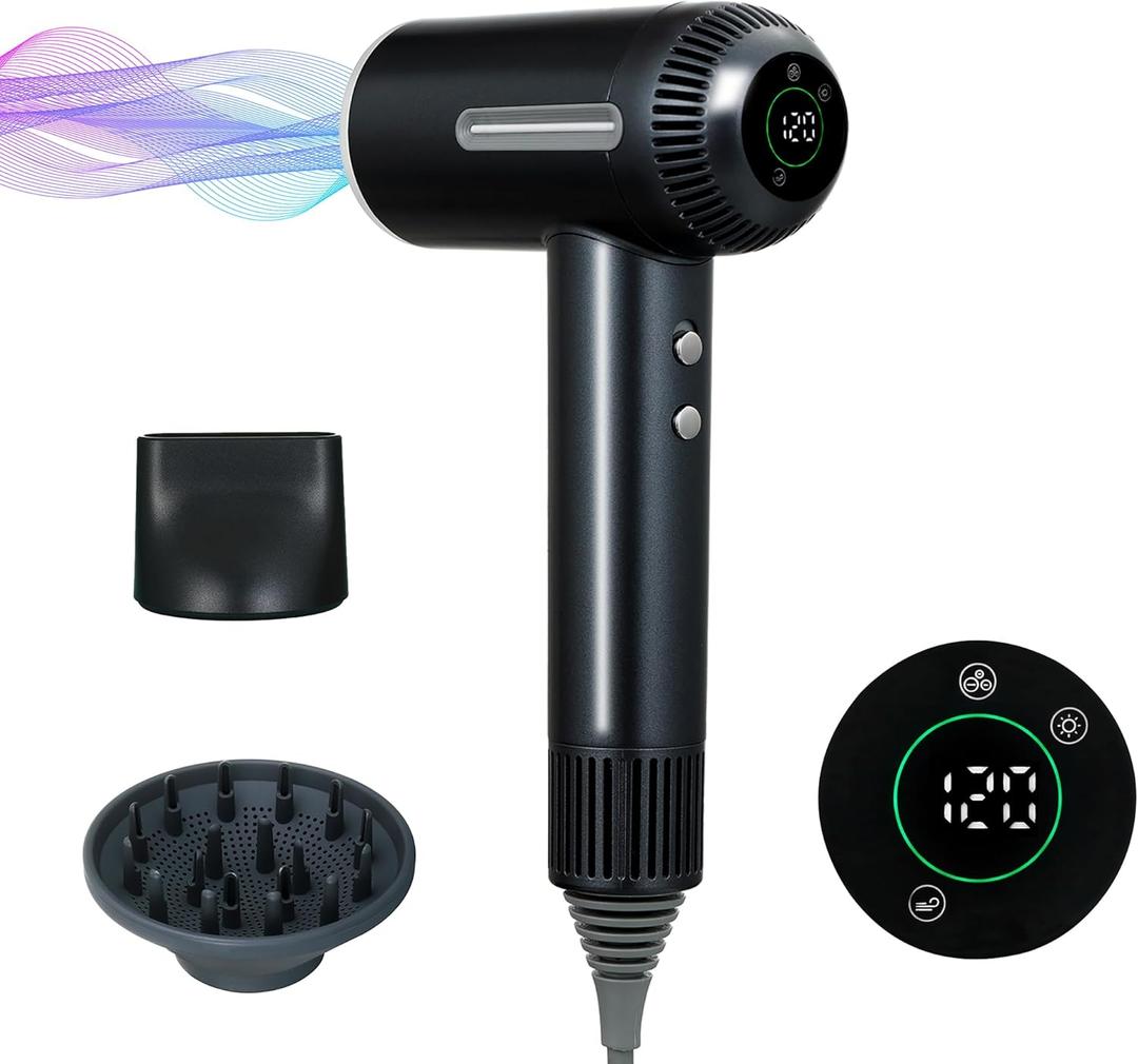 Hair Dryer,7 Temps&31 Modes.Intelligent Temperature Control,LCD Display,Self-Cleaning Mode,Facial Care Mode.1600W Ionic Blow Dryer.Low Noise Thermo-Control Hair Dryer with Diffuser and Nozzle (Silver)