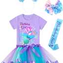 Doctor Unicorn Birthday Girls Mermaid Outfit Set Costume Tutu Skirt Dress, Mermaid Birthday Shirt, Headband & Satin Sash (Blue). 4Y Size