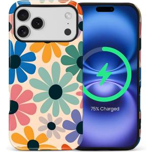 Magnetic Case for iPhone 17 Pro Max,Compatible with MagSafe Hybrid Heavy Duty 2 in 1 Full Body Rugged Shockproof Protection Glossy Case Retro Floral Colorful Daisy
