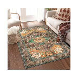 Yamaziot Washable Area Rug, 4x6 Non-Slip Boho Vintage Living Room Bedroom Rug with Rubber Backing, Low Pile Faux Wool Soft Distressed Rug Floor Carpet for Living Room, Laundry, Kids Playroom