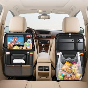 2 Pack Leather Car Backseat Organizer with Foldable Table Tray, Garbage Bag Hook, Protector Kick Mats for Kids, 8 Large-Capacity Pocket, Universal Car Seat Protector for Kids, Pets & Travel