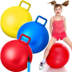 Lewtemi 3 Pcs 20 Inch Bouncing Ball with Handle, Outdoors Hopper Jumping Hopping Ball and Air Pump for Sports School Games Exercise (Red, Blue, Yellow)