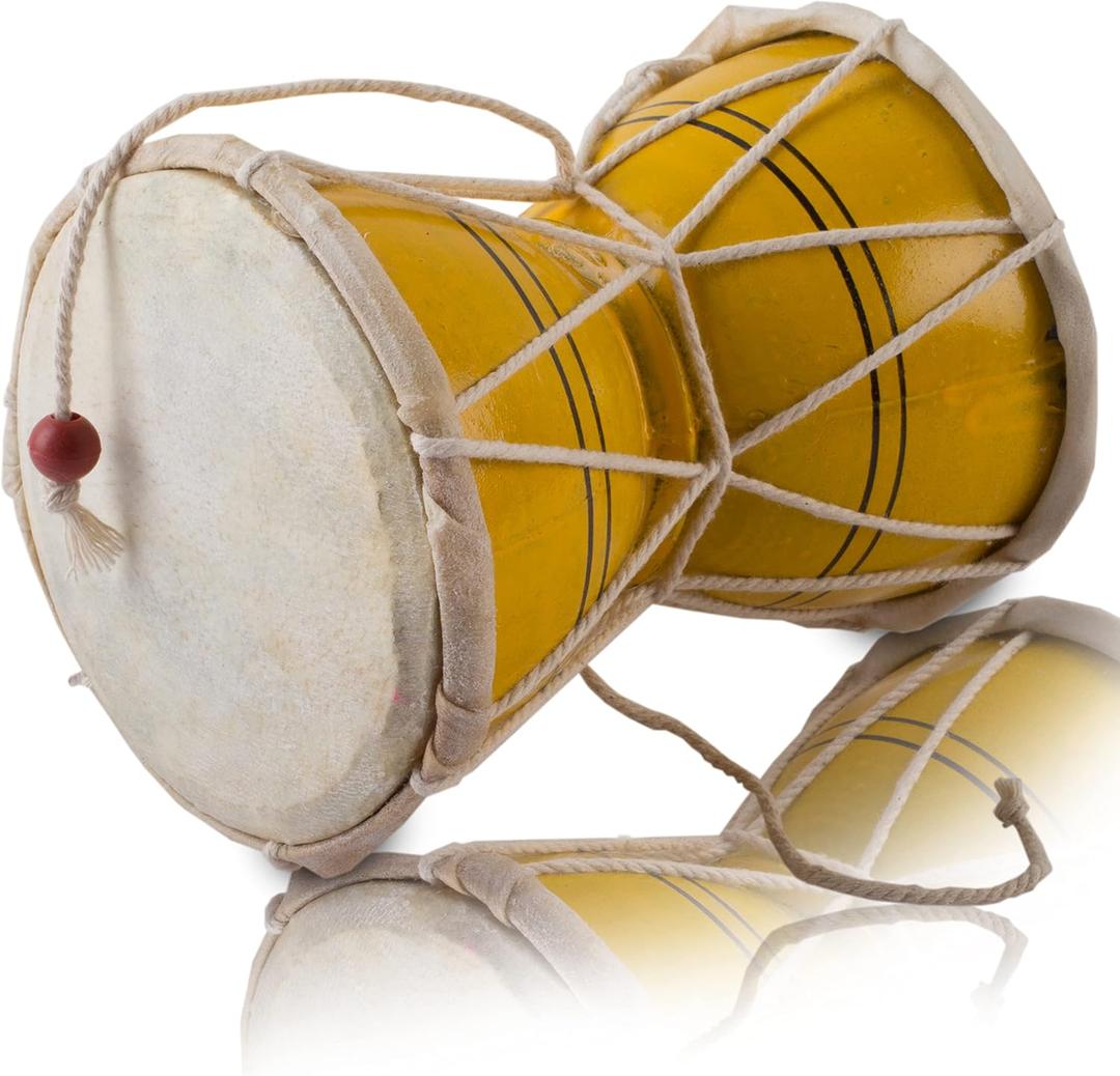 Handmade Wooden & Leather Classical Indian Folk Dumroo Damroo Damaru Hand Drum Set Percussion Decorative Collectible Showpiece World Musical Instruments (Yellow) (Yellow)