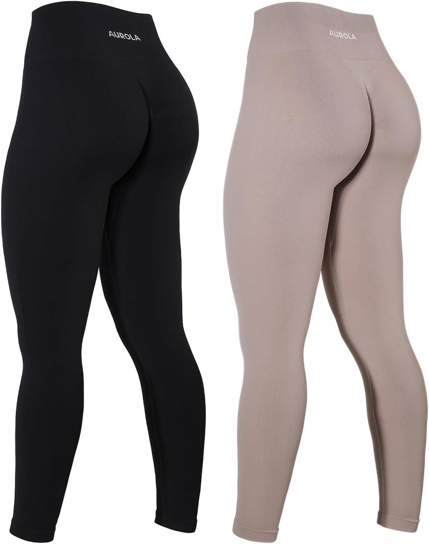 AUROLA Power Workout Leggings for Women Tummy Control Squat Proof Ribbed Thick Seamless Scrunch Active Pants (Large, Set (Black+Natural))