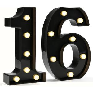 Pooqla Decorative Led Light Up Number Letters, Black Plastic Marquee Number Lights Sign for 16th Birthday Party Wedding Decor Battery Operated Black Decoration 16