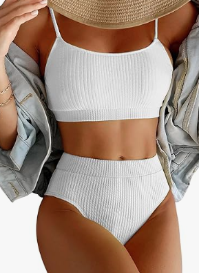 Lilosy High Waisted Tummy Control Ribbed Bikini Crop Top Brazilian Swimsuit Set 2 Piece, Large, White